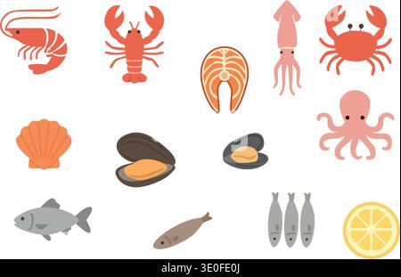 Flat seafood icon set including shrimp, lobster, fish, crab, octopus, shells, and lemon. Minimal vector collection for menus, packaging, and food Stock Vector