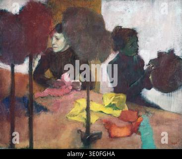 This impressionistic painting by Edgar Degas, titled "The Milliners," captures two women at work, seemingly engaged in creating or arranging hats. From the 1880s, the artwork exemplifies Degas's focus on everyday life and movement, rendered with loose brushstrokes and a muted color palette accented by bright fabric swatches. Stock Photo
