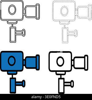 Four variations of a video camera icon, including outline, dotted, and solid blue styles, mounted on a stand. Stock Vector