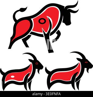 Stylized black and red bull and two goats in a tribal art style. Stock Vector