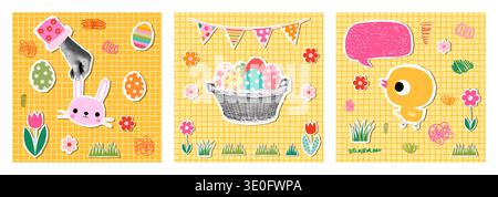 Fun Easter greeting cards, posters set with basket with eggs, bunny, chicken, cute colorful backgrounds Stock Vector
