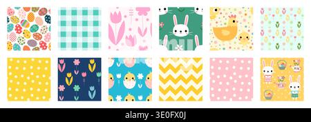 Cute vector set with seamless vector patterns with Easter designs with bunnies, chickens, hens, flowers and butterflies Stock Vector