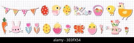 Vector Easter sticker set with kawaii bunny, basket, eggs, flowers, chicken, graphic elements for kids and baby designs Stock Vector