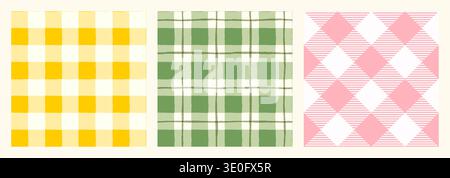 Vector set with cute gingham check patterns in pastel yellow, green and pink colors, plaid backgrounds for spring, summer and Easter designs Stock Vector