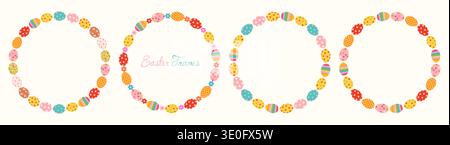 Colorful Easter eggs and flowers vector frames, cute round wreaths, spring borders for greeting cards and invitations Stock Vector