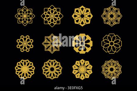 A luxury-style geometric accent mark with a metallic gold look. Symmetrical and minimal line design featuring abstract shapes such as circles, triangl Stock Vector