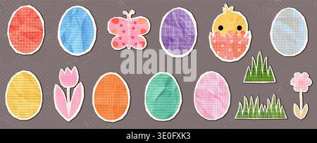 Colorful vector Easter paper eggs, flowers, grass collage shapes, Cute scrapbook halftone elements for modern spring designs, brochures and cards Stock Vector