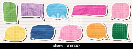 Colorful vector speech bubbles halftone crumpled paper collage, empty text box graphics with lines and grid for posters, banners Stock Vector