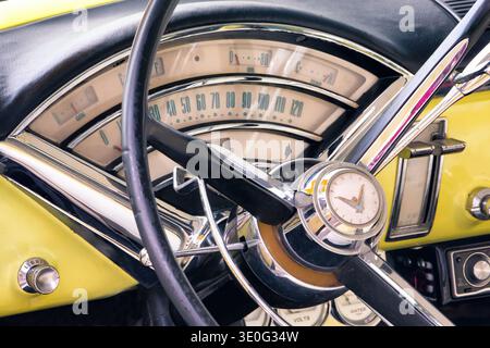 The full-size luxury car Mercury Monterey was Mercury’s flagship car from 1950 to 1974.This photo shows the dashboard of a 1955 Monterey. Stock Photo