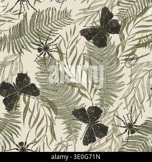 Butterflies, spiders, beetles and fern leaves vector silhouette seamless pattern. Vintage botanical illustration of insects and wild plants. Nature Stock Vector