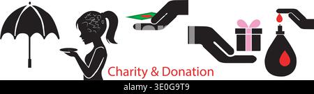 Charity and Donation icon set showing hunger protection money gift and blood donation for social compassion Stock Vector