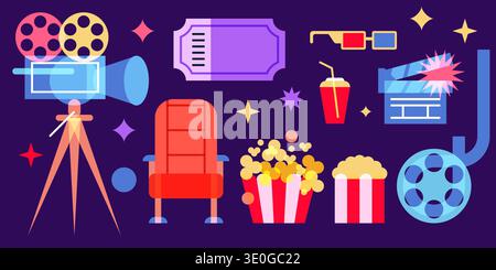 Movie and cinema theater vector flat transparent geometric icons set. Video and film illustration. Multimedia neon colors design elements on black bac Stock Vector