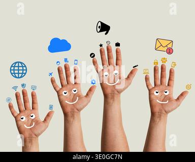 Happy Hands With Digital Communication Icons Representing Teamwork, Social Media and Connectivity Stock Photo