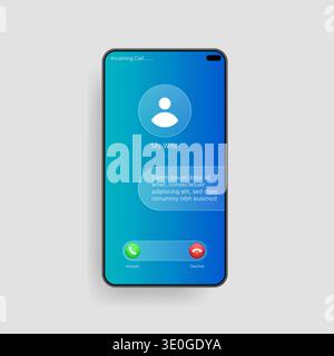 Smartphone mockup featuring an incoming call user interface with answer and decline buttons using a modern transparent glassmorphism style Stock Vector