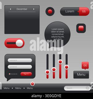 Modern dark UI kit collection featuring web interface elements such as sliders, toggle switches, login form, search bar, speech bubble, buttons, navig Stock Vector