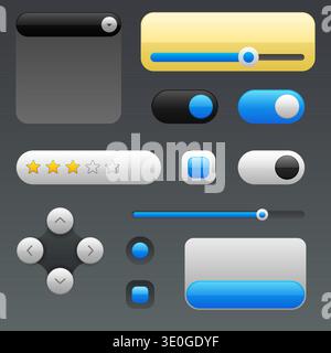Modern web UI kit featuring a set of glossy buttons, sliders, rating stars, toggle switches, navigation arrows, and interface controls on a dark backg Stock Vector