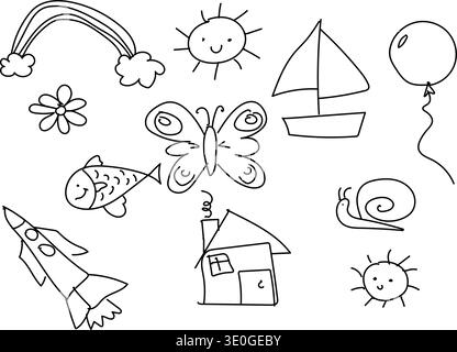 Playful hand drawn doodle collection including rainbow, butterfly, rocket, house, snail, sun, and flowers. Cute simple illustrations for kids designs. Stock Vector