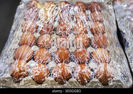 Brown chicken eggs in a large cardboard tray wrapped in plastic film Stock Photo