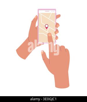 Hands holding smartphone with a location red pin on the map. Interactive map application. GPS navigation concept Stock Vector