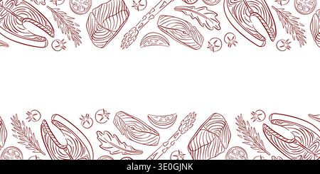 Border with salmon fish steak cuts, herbs, asparagus and spices. Line art illustration on white background for restaurant menu, banner branding, food Stock Vector