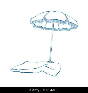 Hand-drawn illustration of a vintage fringed beach umbrella and blanket. Summer accessories in blue. Coastal elements. Whimsical vector outline illustration isolated on a white background. Stock Vector