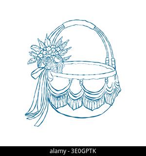 Line sketch of a festive vintage wicker basket. Blue vector outline graphic. Basket with a bow and flowers for weddings, Easter, and spring and summer holiday decor. Stock Vector