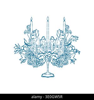 A hand-drawn vintage wedding candelabra with candles and flowers. Vector outline illustration of a festive antique candelabra in a retro sketch style in blue. Stock Vector
