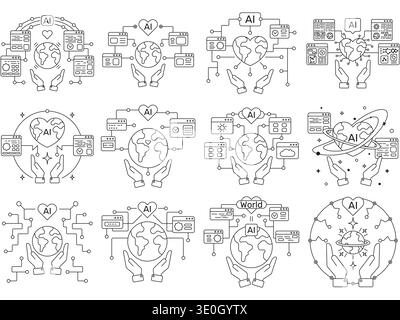 Hands holding Earth surrounded by AI icons and global network symbols on a white background Stock Vector
