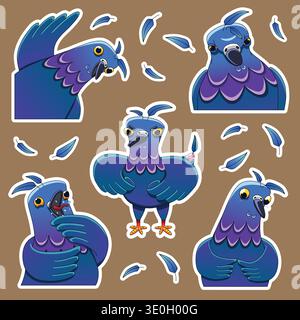 Various cartoon-style blue birds with yellow eyes and purple wings on a brown background Stock Vector