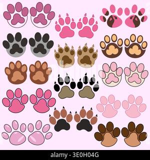 Colorful paw prints arranged in a grid on a pink background Stock Vector