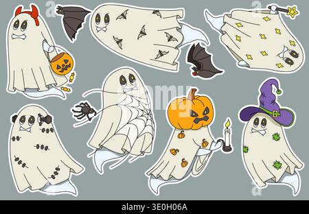 Various Halloween-themed ghosts in different costumes on a grey background Stock Vector