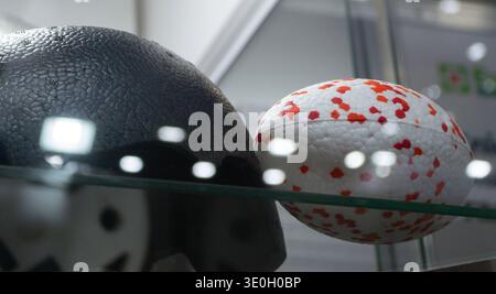 White dog toy and black surface. Durable foam dog ball. Shape of ball multi-colored pattern. Object made of material expanded polypropylene EPP, universal foam. New modern industrial technologies. Stock Photo