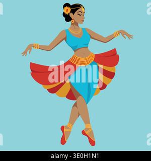 A traditional belly dancer in vibrant attire performs gracefully against a light blue background Stock Vector