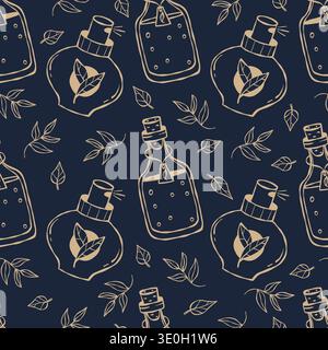 Perfumery and Midnight Apothecary Seamless Pattern. Line Art Organic luxury Cosmetics with Fragrance Perfume Bottles, Essential Oils and Leaves on Dar Stock Vector