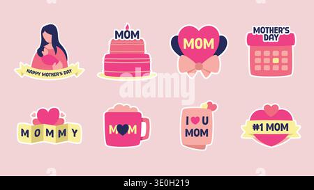 Mothers Day element set with flat design suitable for stickers, pins, and digital media designs. Stock Vector