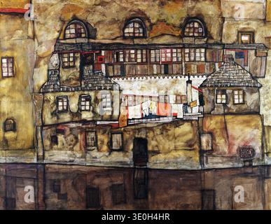 This expressionistic painting, "House Wall on the River," by Austrian artist Egon Schiele from 1915, depicts a cluster of buildings reflecting onto a dark body of water. The work is characterized by its distorted perspectives, earthy color palette, and a sense of architectural fragility, with laundry hanging to dry on a balcony a small human element in the scene. Stock Photo
