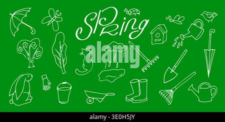 hand drawn spring set on a green background Stock Vector