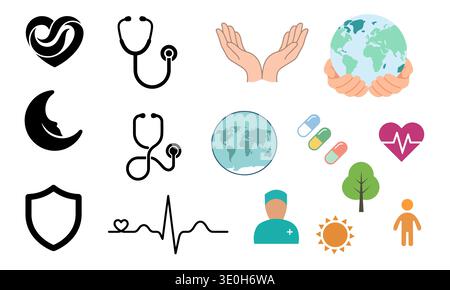This collection features essential health icons including a stethoscope, heart rate, and medical professional. Earth and nature symbols highlight glob Stock Vector