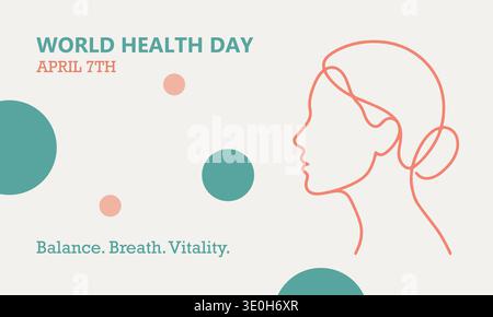This clean graphic celebrates World Health Day with a minimalist profile of a woman in line art. Teal and peach circles add a soft touch to the messag Stock Vector