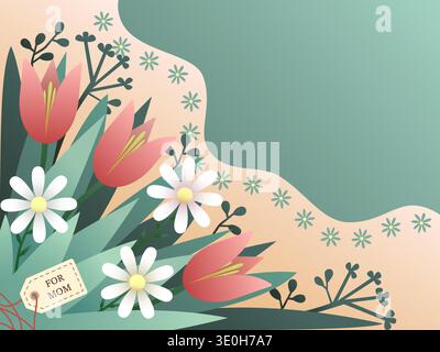 Spring bouquet of tulips and daisies on a pastel background, featuring a tag that says For Mom Stock Vector