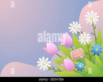 A bouquet of daisies, tulips, and a blue flower with For Mom sign on pastel gradient background Stock Vector