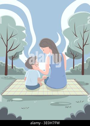 A mother and child sit on a picnic blanket, sharing a tender moment under a blue sky with white clouds Stock Vector