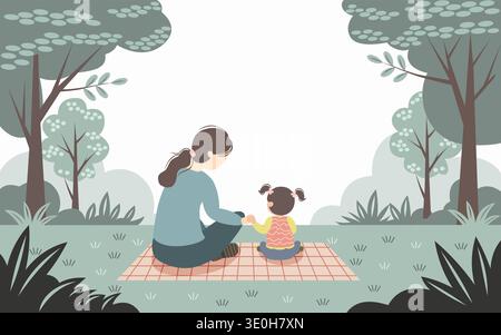 A mother and child share a quiet moment on a checkered blanket under a tree Stock Vector