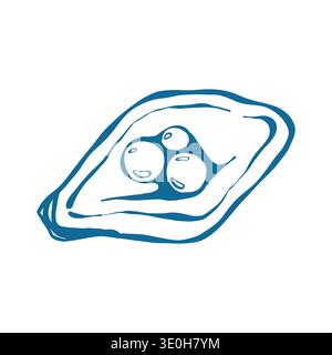 Sketch of an oyster shell with pearls inside. Hand-drawn line illustration with a coastal theme. Nautical element for beach-themed designs and nautical decor. Vector outline illustration. Stock Vector