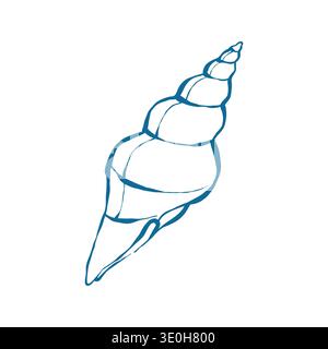 Seashell in doodle style. Sea snail shell in blue. Hand drawn vector outline illustration isolated on white background. Stock Vector