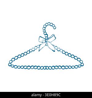 Vintage pearl hanger with a bow for clothes. Retro hanger illustration in doodle style. Blue hanger for wedding dresses, womens clothing, and girls accessories. Vector outline clipart. Stock Vector