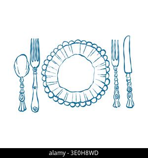 Vintage dinnerware set. Coastal table setting. Pearl decor. Top view of a plate, spoon, forks, and knife on the table. Hand-drawn vector outline illustration in blue. Stock Vector