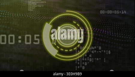 Rotating glowing neon yellow-green HUD displaying readout 4666 in dashboard, with timer 00:05. Circular, interface, telemetry, grid, glyphs, pulse, cy Stock Photo