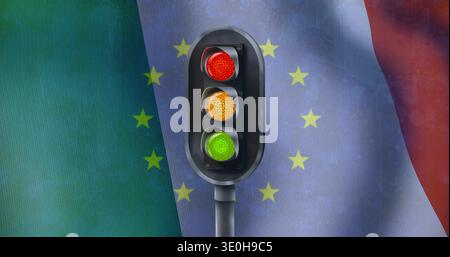 Displaying traffic light on short pole before draped flags with yellow stars, with tricolor lenses. Signal, centerpiece, backdrop, fabric, european, c Stock Photo