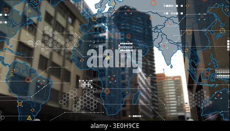 Projecting semi-transparent global map overlaying downtown street canyon, showing HUD hex grids. Urban, skyscraper, glass, skyline, data, visualizatio Stock Photo